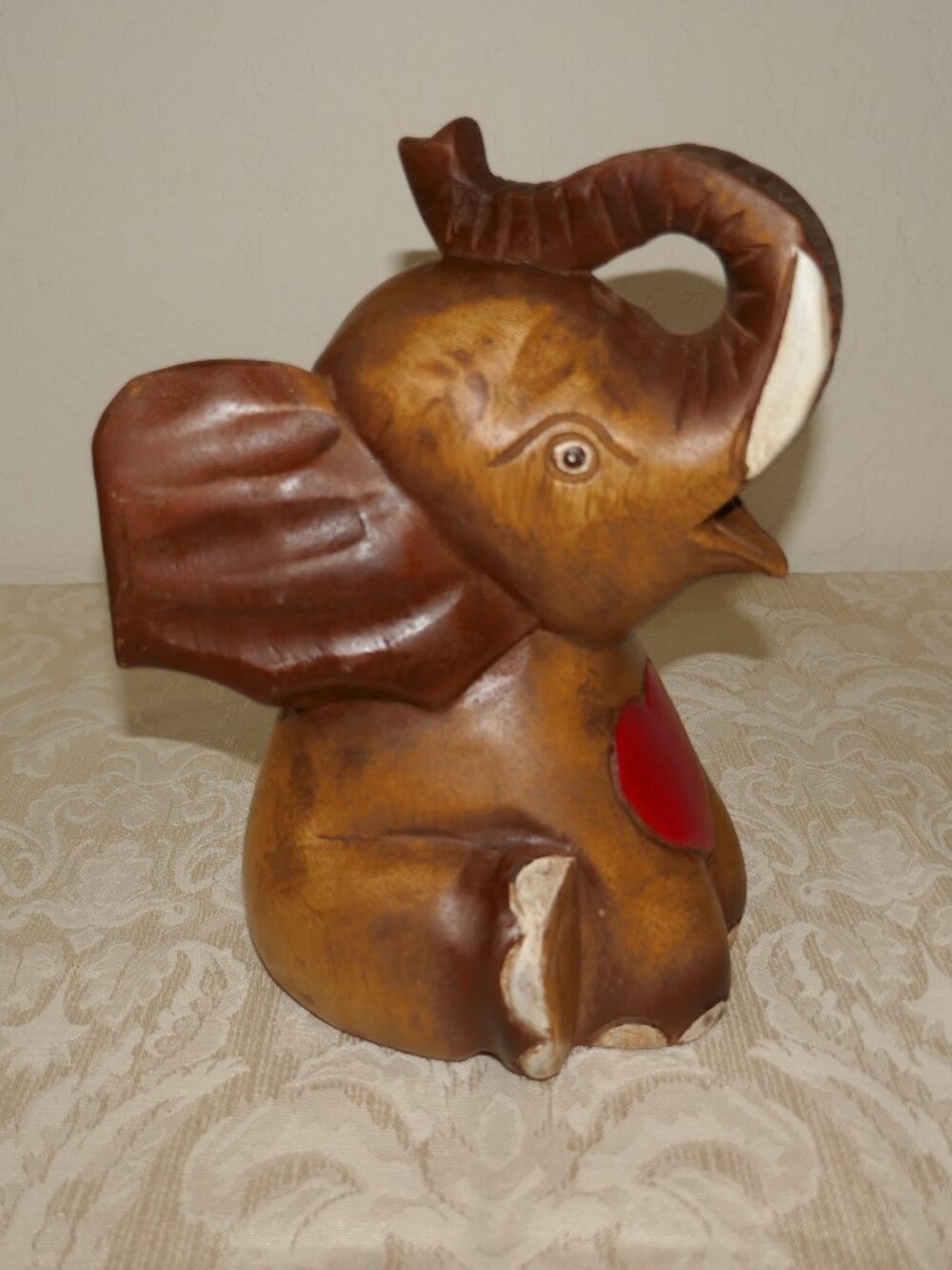 Wood Carved Solid Sitting Elephant Figurine 8.75"in Folkart Whimsical Trunk Up